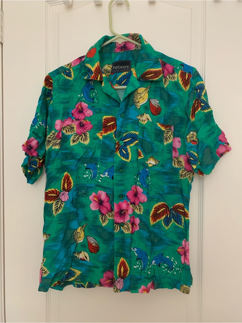 Vintage 90s Network Rayon Hawaiian Shirt Tropical Dolphins Flower EUC Medium
